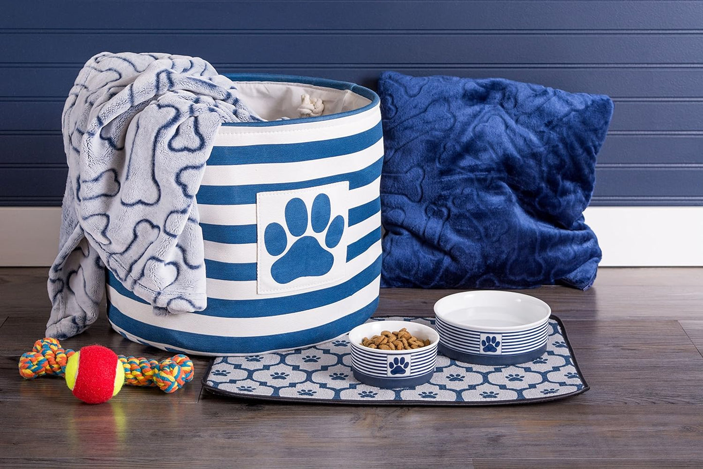 Paw & Patch Ceramic Pet Collection, Small Bowl, 4.25X2", Nautical Blue