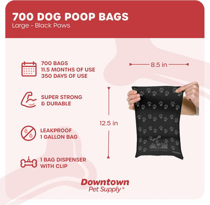 700 Pet Waste Bags, Dog Waste Bags, Bulk Poop Bags with Leash Clip and Bone Bag Dispenser - (700 Bags, Black with Paw Prints)